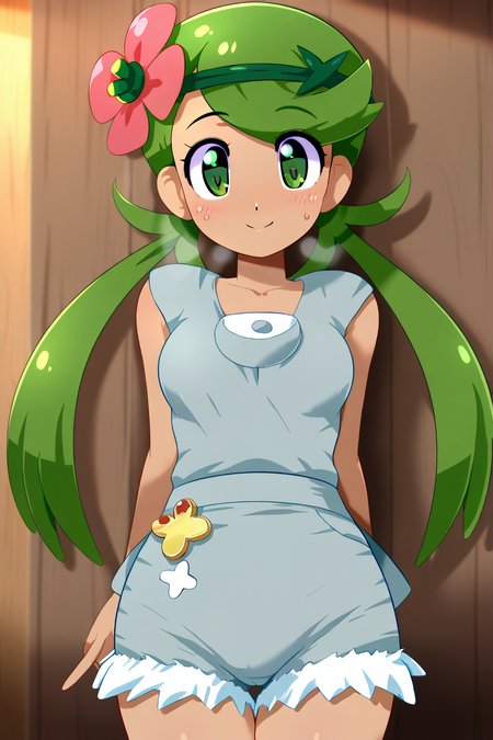 masterpiece, best quality, BREAK, zzMallow, green hair, green eyes, hair flower, hair ornament, grey overalls, pink shirt, sleeveless, grey shorts, <lora:MallowPokemonIXL_e09:1.0>, smile, looking at viewer, cowboy shot,    <lora:KonpetoIXL:1.0>, Konpeto,