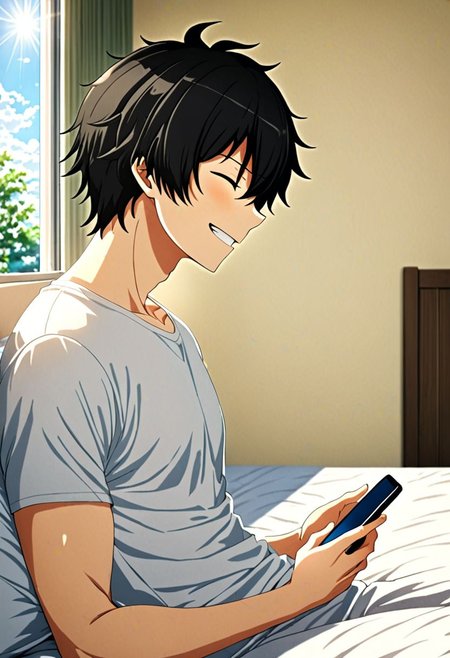 high resolution, solo, best quality, 1Boy, Seiya Kanie, black hair, short hair, thin, holding smartphone, t-shirt, on the bed, sunny day, window, smile, open eyes, side view, sit, nap, indoor, bed room, OverallDetail