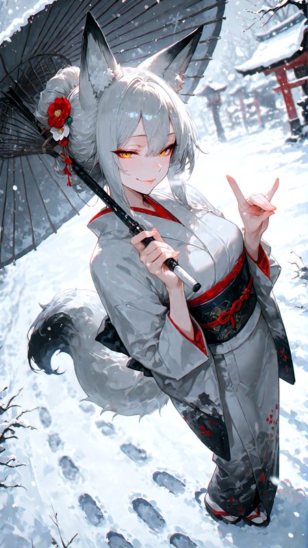 1girl, dynamic angle, mature female, looking at viewer, fox girl, fox tail, smirk, kimono, small breasts, holding oil-paper umbrella, one hand fox shadow puppet, footprints on snow, snowing, chromatic aberration, artistic filter, blurry, gradient, gray theme, masterpiece, best quality, amazing quality, very aesthetic, absurdres, newest, HDR, 8K, high detailed,