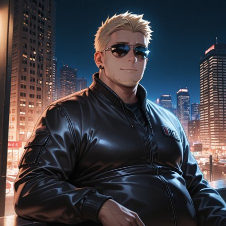 masterpiece, best quality, amazing quality, absurdres, newest, detailed background, definition so sharp, Ultra-HD, 8K cinematic, very awa, impressionate, amazing quality, highres, 
solo, male focus, manly, 
1boy, short hair, goatee, chubby, rikio_blonde, rikio_brown eyes, rikiokamamoto, sunglasses \(on face\), earrings, sideburns, stylish jacket, urban background, city lights, night, cool colors, confident, suave, upbeat, chill vibe, leaning, relaxed pose, slight smile,
