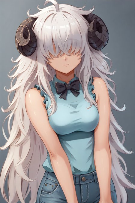 score_9, score_7_up BREAK  <lora:miraihikari:1> 1girl, white hair, very long hair, hair over eyes, facing the viewer, sheep horns, sad, thumbs up, ahoge, messy hair, sleeveless, light blue shirt, bowtie, frills, jeans