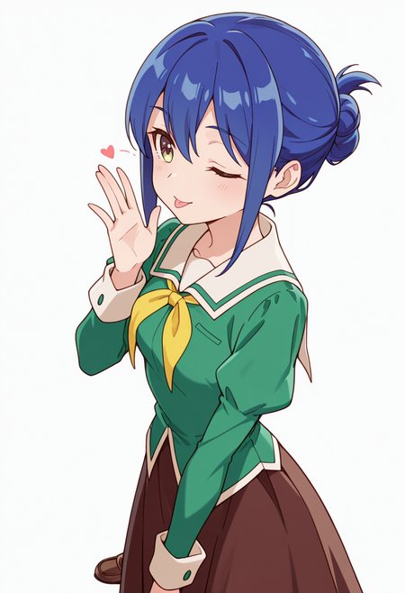masterpiece,high quality details,absurdres, 
kanoko_cnr, 1girl, blue hair,hair between eyes, sidelocks, single hair bun,
kanoko_s1,green shirt,white sailor collar, serafuku,juliet sleeves,long skirt, green dress, loafers,dark-brown skirt, <lora:Mamiya_Kanoko:0.8>, simple background, white background, sideways,solo,, ;p,