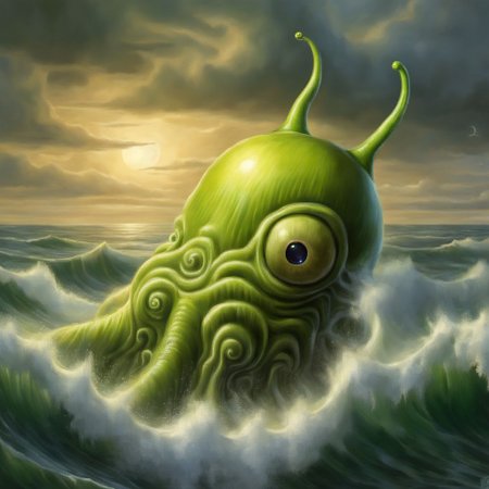 A brain slug as Cthulhu  is rising from the sea in a great storm <lora:SDXL-BrainSlug-Lora:1>, Very detailed, clean, high quality, sharp image, based on H.P Lovecraft stories, Naoto Hattori
