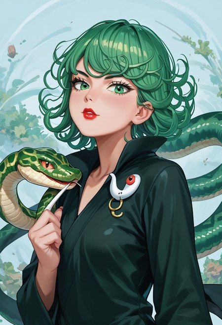 score_9,score_8_up,score_7_up,score_6_up,score_5_up,source_anime,1girl, 1girl, tatsumaki,  green eyes, saitama outfit, shortstack, looking at viewer, bald girl, 19yo, lipstick , flirty, snake, snake on shoulders, upper body view,
