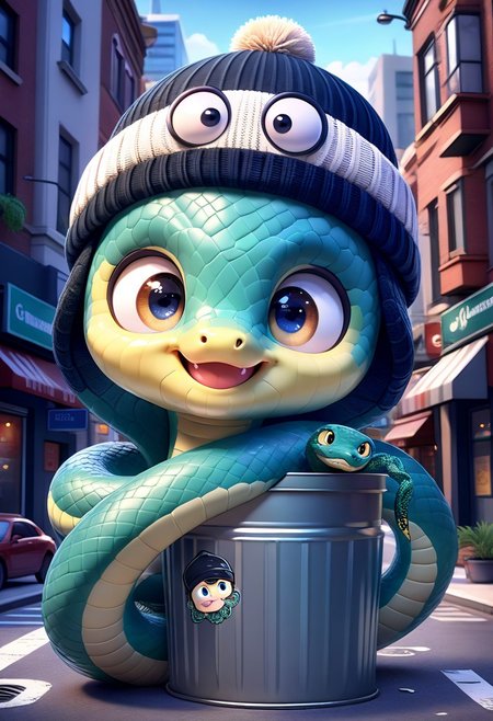 CuteCartoonStyle, adorable big shiny eyes, 3DSnakes, cool design, cool pattern, smiling happy expression, cute, wearing a beanie on his head, the snake is wrapped around a metal trash can in an urban city street, looking at viewer,