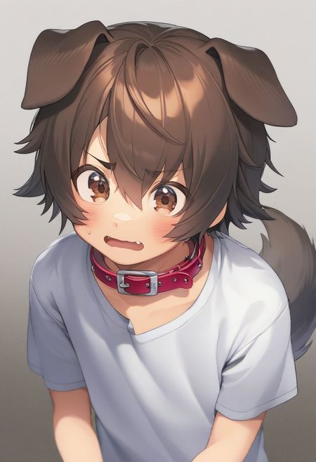 Cute short boy with messy brown hair, he has dog ears and a dog tail, wearing a oversized t-shirt, dog collar around neck, bare legs, cclclclose up, young boy, embarrassed surprised face and pose, kiddo