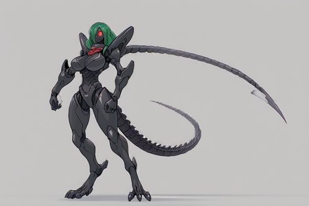 score_9, score_8_up, score_7_up, score_6_up, score_5_up, score_4_up, BREAK, source_anime, solo, 1girl, rating_safe, ((mature female)), ((long green flowing hair)), mechanical parts, ((plastic, polymer, metal body)), (big mechanical rabbit ears), mature female, (bunny ears), (animal ears), subdermal port, ((milf, mature female, big breasts)), hexagon lines in skin, naval uniform overcoat, naval uniform, white military uniform, dress_uniform, ribbons, ((red eyes)), bunny tail, rabbit tail, aiguillette, ((green hair)), ascot, ((Eye-level angle (from the side) view medium Close shot)), pilot suit, shoulder cutout, bunny rabbit Tail, ((hair over one eye,)), digitigrade, clawed feet, minimal clothes, ((metal skin, shiny skin, vampire aesthetic, digital eyes, filled eyes, monochromatic eyes, glowing eyes, colored sclera, red sclera, mechanical eyes, partially shaded face, slit pupils, angular, minimal face, minimalism, narrow eyes, large eyes)), (anubis \(mythology\), anubis \(mythology\), ), <lora:Pony_DetailV2.0:1.5>, <lora:age_slider_v4:4>, ((dark, shaded, black background, horror, GREEN HAIR,)) pochincoff, robot girl, translucent body, oversized forearms, big eyes, 4 eyes, <lora:Pochincoff_Style_Lora:0.85>, xenomorph girl,  <lora:AnimeScreencap_pXl:1> anime screencap, retro anime style