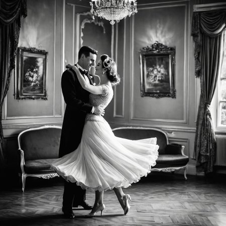 1male, 1female, Graceful couple in stunning vintage outfits, dancing elegantly with poise, retro black and white theme, capturing timeless elegance, focus on the couple as they move gracefully together, with a collection of cherished couple photos displayed in the background, viewed from a bird's-eye perspective, adding depth and a unique angle, enhancing the nostalgic and romantic ambiance.