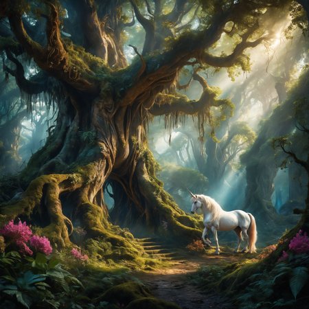 A vivid fantasy landscape depicting an ancient enchanted forest. The scene features towering ancient trees with twisted roots and thick canopies that barely let any sunlight through. Amidst the dense foliage, (mythical creatures like unicorns and griffins roam freely:1.9). Hidden within the forest are mystical glowing flowers and a small, creating a mysterious and magical atmosphere. Photorealistic, Cinematic, Bokeh. High detailed cinematic photo, breathtaking,
<lora:add-detail-xl:1> <lora:MJ52:0.2>