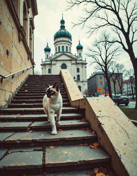 A humorous and surreal outdoor scene featuring a black and white siamese cat confidently walking on a sloped stone staircase. The backdrop includes the iconic Kazansky Cathedral in Saint Petersburg, framed by a slightly overcast sky, creating a soft and muted color palette. The cat is mid-stride, exuding an air of confidence and poise as its tail balances its movement. 
The foreground showcases the light beige tones of the stone staircase and railing, with subtle wear and texture. The Kazansky Cathedral dominates the middle ground, its intricate dome and collonade visible in detail, contributing to the grandeur of the composition. The atmosphere is calm, with distant trees and light traffic faintly visible in the background, adding depth and context to the whimsical moment.