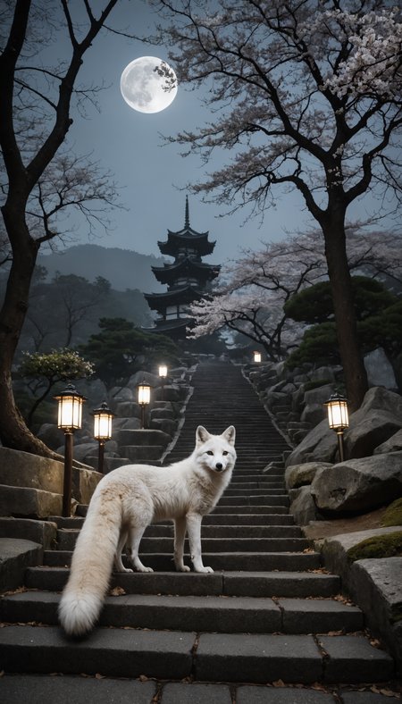 photo of a stone-paved and stone stairs approach leading to main shrine, (a white fox with fine tail), epic composition, cinematic lighting, beautiful full moon night sky, cherry trees, 17th century Japan, (stone lanterns set  on ground), (gently curved passage), fantastic fog, pale fire, (best quality), photorealistic, highly detailed, high resolution RAW photo <lora:offset_0.2:0.8> <lora:add-detail-xl:0.4>