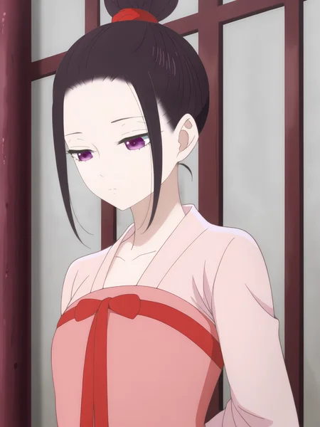 <lora:Ryuu_Jusetsu_v6:0.8>, ryuu jusetsu, 1girl, solo, purple eyes, single hair bun, red scrunchie, sidelocks, black hair, pink hanfu, red chest bow, long sleeves, pensive, closed mouth, half-closed eyes, standing, arms behind back, looking down, upper body, indoors, wall, east asian architecture
