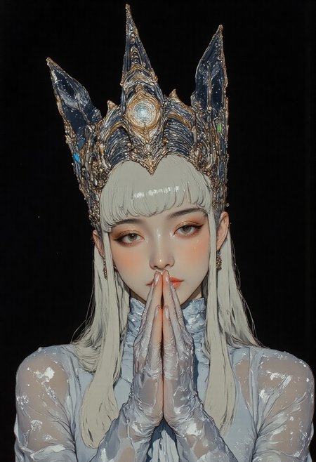 High quality, highly detailed, hyper realistic, 8K, masterpiece, Leica M11, 50mm f/1.2 lens, cinematic lighting, natural bokeh, pingtu style, illustration-fen, niji, gothic, erotic, anime — photograph, artistic fashion portrait. A pale-skinned woman with nearly translucent complexion and long, straight platinum blonde hair with blunt bangs poses with eyes closed and a serene expression. Her interlaced fingers gently cover her mouth and nose. She wears a sheer, shimmering lace or tulle dress with delicate sparkle. An elaborate metallic headdress crowns her head, composed of intricate silver and gold patterns, stars, and fine feathers. Captured in a centered, eye-level close-up, the scene is set against a solid black background, intensifying the contrast with her luminous appearance. Lighting blends warm and cool tones with a spectral focus on green and blue highlights, crafting an ethereal glow across her face and accessories. The entire composition is text-free, emphasizing elegance, fantasy, and visual purity in a dramatic, dreamlike mood.