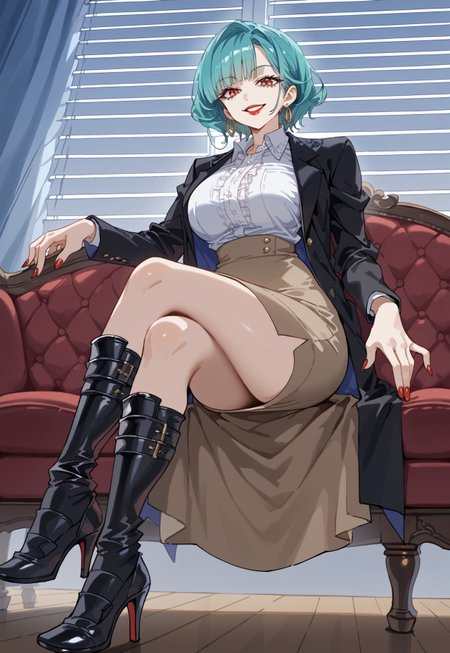 safe_pos, score_9, score_8_up, score_7_up,source_anime, high res image,masterpiece,best quality, simple background, rating safe
sagawa

1girl, solo, source_vanillaware, turquoise hair, pale skin, red lips, black greaves, smug, subtle smirk,

red nail polish

mature,

earrings, black jacket, formal, suit, collared shirt, white shirt, brown skirt, looking at viewer, sitting, crossed legs, black high heels, seductive smile, from below, 

BREAK blue sky, sunlight, indoors, window, window blinds, couch,
glittery lips, large lips, thick lips, full lips
