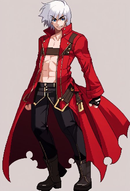 score_9, score_8_up, score_7_up, source_anime, BREAK, solo, 1boy, looking at viewer, <lora:Under-Night-In-Birth-Sprites-pdxl_Fp:1>, simple background, full body, standing, <lora:dmc3_dante_ponyXL:1>, dmc3dante, red coat, bandeau, fingerless gloves, black pants, boots, standing, white hair, blue eyes,