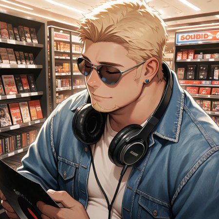 masterpiece, best quality, amazing quality, absurdres, newest, detailed background, definition so sharp, Ultra-HD, 8K cinematic, very awa, impressionate, amazing quality, highres, 
solo, male focus, manly, 
1boy, short hair, goatee, chubby, rikio_blonde, rikio_brown eyes, rikiokamamoto, sunglasses \(around neck\), earrings, sideburns, casual wear, denim jacket, record store, vibrant colors, chill, absorbed, content, harmonious, rhythmic, holding headphones, listening to music, closed eyes, subtle smile,