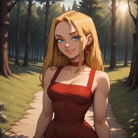 score_9, score_8, BREAK, solo, blonde hair, blue eyes, lips, red dress, red choker, red hoop earrings, yellow bracelets, total drama, Blaineley_(Total_Drama), breasts, self portrait, sexy pose, smile, outdoors, sunlight, shadows, evening lighting, natural lighting, forest, trees, grass, orange sky, sunset