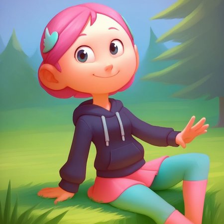 score_9, solo, stella_g, 1girl, pink hair, short hair, hair ornament, hoodie, skirt, leggings, smile, sitting, grass, tree