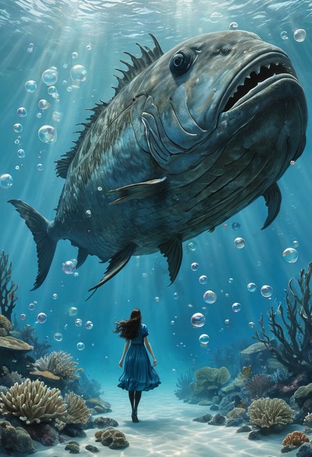 (water-colored), illustration, style of Jessica Galbreth,
(far view, far shot, rear view, facing away:1.3),
(Alice, very long dark brown hair,  hair rim lighting, hair in the wind, blue maid dress with short sleeves, black tights, black shoes:1.5), 
fog, dreamy, dream, coral, fish, sea weed
(walking, under water, bubbles, coral, giant fishes, sea weed, giant old ship:2)