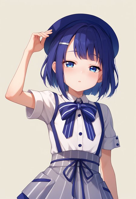 score_9, score_8_up, score_7_up, score_6_up, score_5_up, score_4_up, masterpiece, source_anime BREAK 1girl, ct-fuyu, flat chest, blue hair, short hair, blue eyes, hairclip, blue beret, white collared shirt, short sleeves, striped bow, suspender skirt, beige background, simple background, looking at viewer, blush, upper body, half-closed eyes, <lora:Fuiba_Fuyu_PONY_c:1>