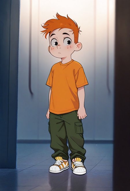 masterpiece, best quality, amazing quality, very aesthetic, absurdres, newest, volumetric lighting, 
cinematic, intricately detailed illustration, depth of field, masterpiece, best quality, amazing quality, very aesthetic, absurdres, newest, 1boy, male focus, cute boy, solo, Adam Lyon, Black Eyes, Orange Hair, Freckles, Orange Shirt, Green Pants, Red and Yellow Striped Shoes, 15546+456868