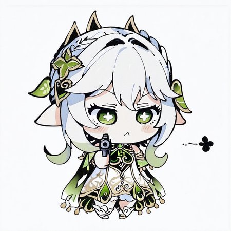 <lora:pen-drawing_A3.1_XL:1>,(pen_art_style, pen_drawing_style),(masterpiece,best quality),chibi,1girl,solo,nahida \(genshin impact\),:<,holding handgun,simple background, white background, squinting, aiming, full body,,