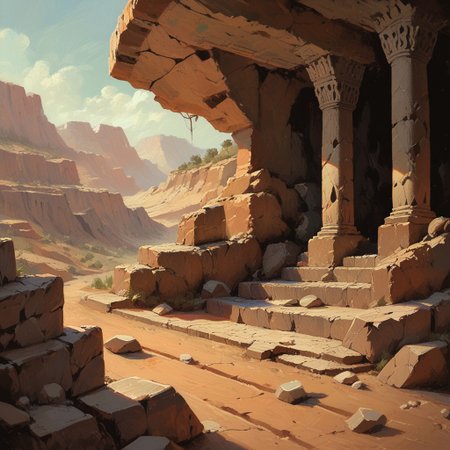 score_9, score_8_up, score_7_up, score_6_up,    ultra detailed, landscape, desert, dry cracked ground, cave entrance, stone architecture