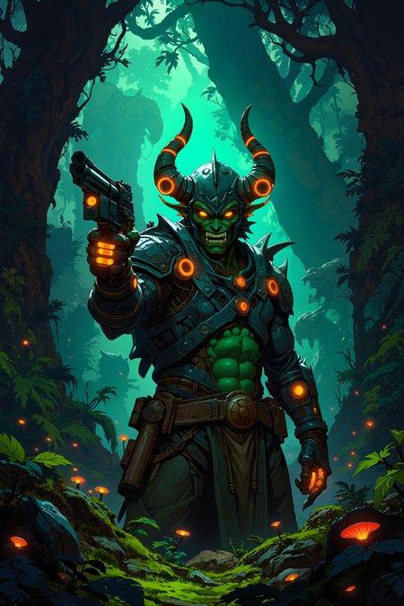 In the swirling depths of an alien jungle, a warrior with emerald-green skin and cybernetic implants points a sleek, glowing blaster directly toward the viewer. His piercing, golden eyes gleam with intensity beneath his horned helmet, and his muscular frame is adorned with intricate armor that hums with a faint, pulsing light. Towering alien plants with bioluminescent leaves rise around him, their vibrant colors casting strange shadows across the landscape, while exotic creatures scuttle in the darkness behind him. The jungle floor is littered with twisted vines and strange, glowing fungi, their light reflecting off the warriorâs cybernetic arm as it powers up the blaster, ready to fire. A low growl rumbles from his throat, and the tension in the air is palpable, as if the entire jungle is holding its breath in anticipation. The dense, humid air is thick with the scent of alien flora, adding to the wild, otherworldly atmosphere. His expression is one of focused determination, his eyes locked on the viewer as if marking them as his next target.<lora:Anime v1.3:1.2>