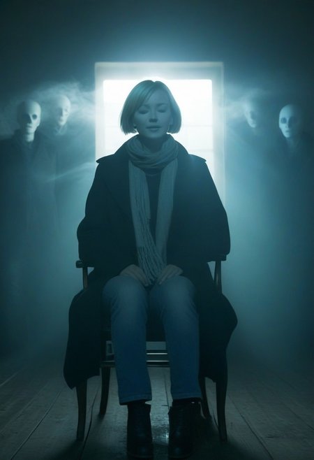 This is a dark, atmospheric photograph featuring a surreal scene. The central figure is a young woman, with short, light-colored hair, sitting in a simple wooden chair in a dimly lit room. She has a pale complexion and appears to be in a trance-like state, eyes closed, with a slight, serene smile on her face. She is dressed in a dark, loose-fitting coat and jeans, with a scarf wrapped around her neck, suggesting a somewhat eerie, supernatural atmosphere.
Surrounding her is a misty, ethereal cloud of spirits or ghosts. These spectral figures, predominantly female, have ghostly faces with wide, pleading eyes and elongated, wispy hair. They are floating around the woman, seemingly emanating from the light that pours in from a high window behind her. The light source, possibly the sun, casts a dramatic, diffused glow, adding to the haunting, otherworldly feel.
The background is a dark, mysterious blue, blending into a deep, shadowy haze that engulfs the room, creating an immersive, eerie atmosphere. The texture of the wooden floor beneath the chair is visible, adding to the grounded, tangible aspect of the scene, which contrasts sharply with the ethereal, floating figures.