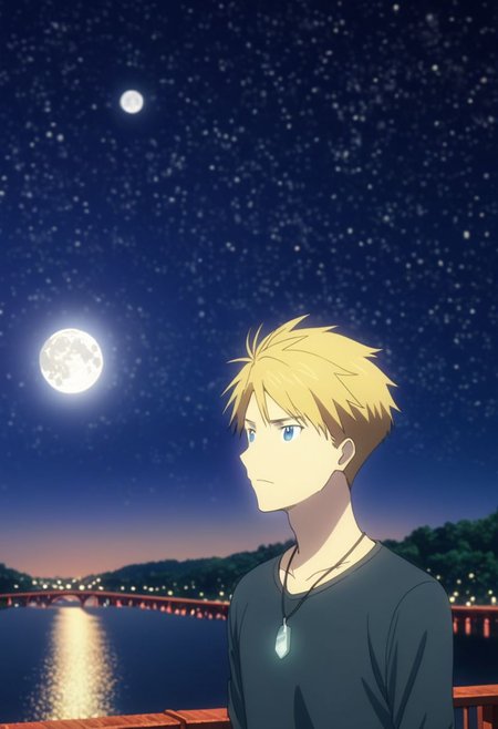 high resolution, professional photography, best quality, 1Boy, Yamato Ishida, blond hair, deep blue eyes, necklace, depth of field, bright moon, fantastic night, stary sky, dreamlike, midle of bridge, OverallDetail