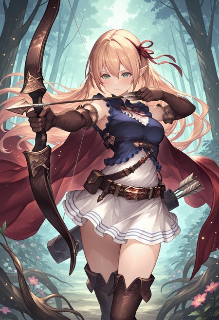 highres, best quality, masterpiece, outdoors, forest, light particles, flower, plant roots, 
1girl, solo, cygarisa, elf, long hair, blonde hair, pointy ears, green eyes, hair ribbon, red ribbon,
cyaridef, blue shirt, center frills, sleeveless shirt, high-waist skirt, white skirt, belt, belt buckle, elbow gloves, brown gloves, thigh boots, red cape, belt pouch,
serious, blush,
bow \(weapon\), arrow \(projectile\), holding bow \(weapon\), quiver, aiming,
shadowverse, official art,
<lora:_arisa_shadowverse-elesico-ilxl-000014:1>