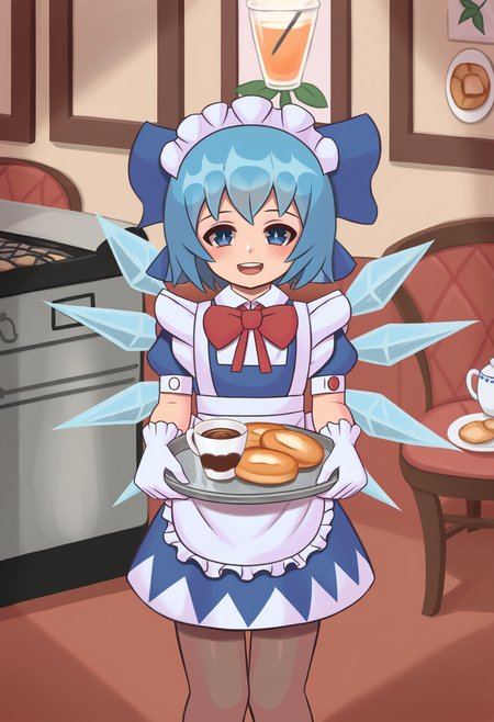 score_9, best quality, masterpiece, uncensored, source_anime
BREAK
1girl, solo, looking at viewer, smile, short hair, open mouth, bangs, blue eyes, gloves, dress, bow, holding, blue hair, short sleeves, hair bow, pantyhose, frills, food, wings, alternate costume, puffy sleeves, indoors, white gloves, bowtie, apron, red bow, cup, puffy short sleeves, maid, maid headdress, blue dress, blue bow, chair, table, red bowtie, white apron, plate, maid apron, tray, ice, enmaided, ice wings, holding tray, cookie, coffee, cirno
<lora:duhota_pony_v3:1>