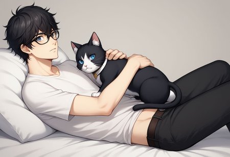 score_9, score_8_up, source_anime, highly detailed, 1boy, solo, male_focus, slender, skinny, 
ren, 1boy, cat, black hair, glasses, male focus, shirt, pants, black cat, animal, black eyes, blue eyes, 
indoor, lying on bed, on back, hug cat,