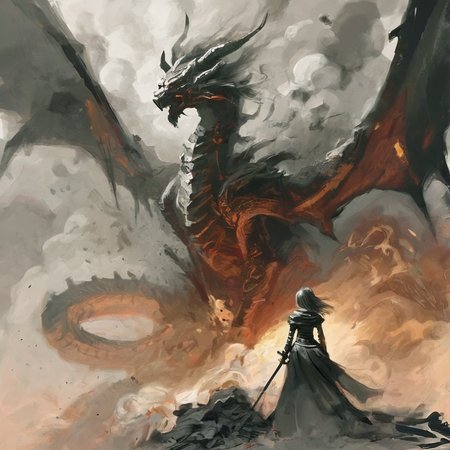 artmix06 knight girl with a sword in the background big dragon, smoke ruins and smoke, very detailed<lora:artmix06:1>