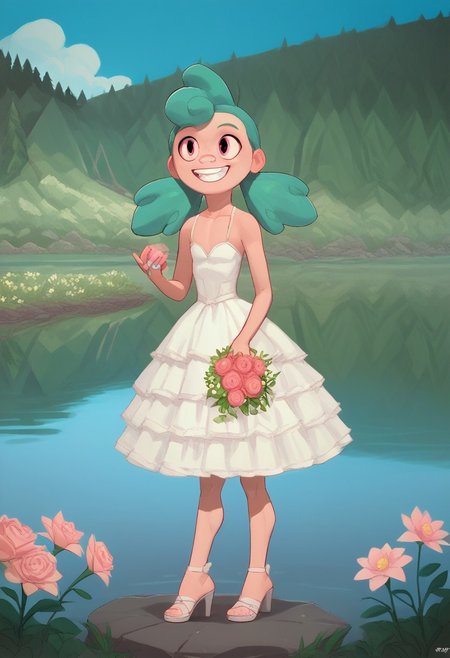 score_9, score_8_up, score_7_up, solo, 1girl,
turquoise hair, two pigtails, bright pink eyes,
happy, teeth smile, standing full body barefoot flat breast outdoors, lake, altar Wedding background, Wedding dress Wedding veil Wedding Ring high heels sandals holding Bunch of flowers