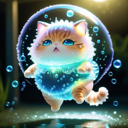 all made out of Jed-Bwtrspkl, a chibi fat cat made out of Jed-Bwtrspkl in a attached to frilly panty costume made out of Jed-Bwtrspkl,  jumping blowing bubble made out of Jed-Bwtrspkl <lora:BioWaterSparkleStyle:1>