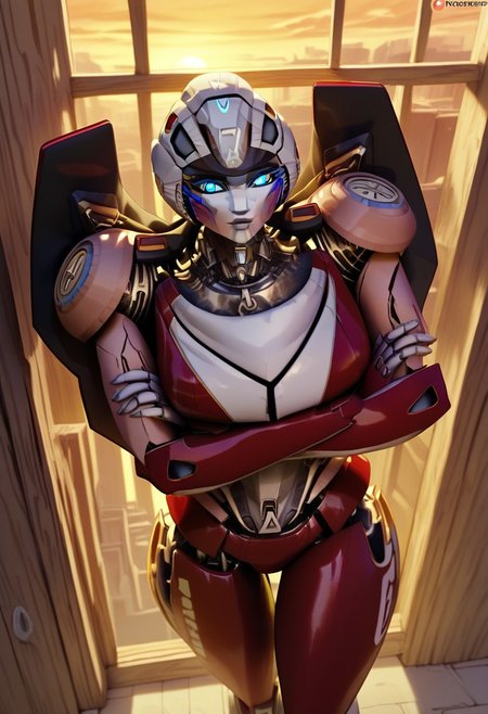 score_9, score_8_up, masterpiece, best quality, arceerotb, autobot, 1girl, red and white body, mechanical parts, robot, helmet-like head, robotic face, glowing blue eyes, autobot symbol on forehead, fairing-like chest, wheels on back, 'ducati' printed on right leg, narrow waist, indoors, close-up to face, shexyo, resting on wall, top-down view, overhead view, standing, crossing arms