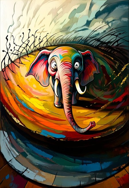 Expressionism Cartoons ,Masterpiece-level, clean lines, sharp, portrait,  A spindly, wiry elephant with long, rubbery limbs, attempting a graceful ballet pose on a crooked, uneven stage while a chaotic crowd of animated shadows cheer it on. Its trunk twists into a loop, and its ears flop in exaggerated arcs, creating a sense of clumsy elegance. The elephantâs face is oddly peaceful, despite the madness surrounding it, capturing a bittersweet beauty within a disjointed world.
