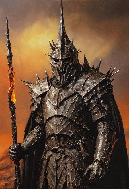Ellis-RealismBoost, Close Up detailed photograph of the Witch King from The Lord of the Rings, perfect saturation, standing in Mordor, color photography, vintage, eye of sauron background, masterfully top lighted, masterful painting in the style of Anders Zorn | Marco Mazzoni | Yuri Ivanovich, Todd McFarlane, Aleksi Briclot,