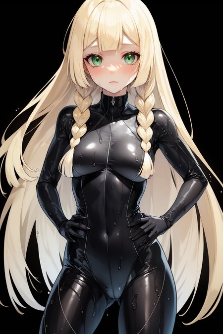 <lora:lillie_pokemon:1> lillie,blonde hair, long hair, twin braids, green eyes , very deep colors , black background , , super wet , sad , intricate quality , superfine quality , complex details ,bodysuit , tight clothes , super detailistic , hip vents , detailed hands , hand on hips , inner sideboob