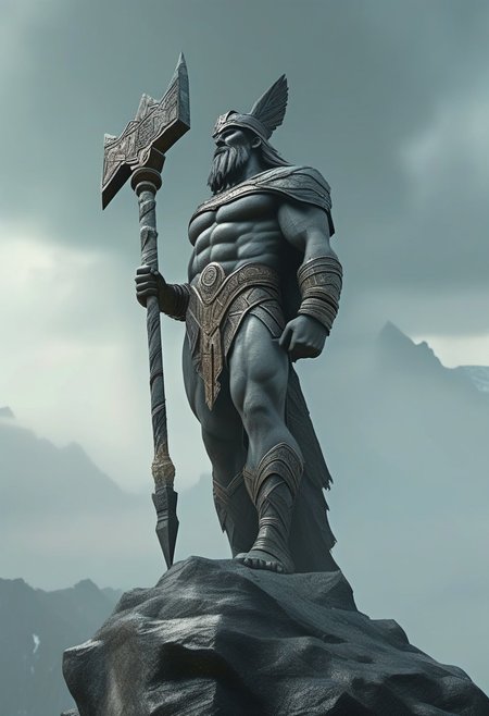 Idol of Perun, the mighty god of thunder and lightning, stands on the peak of a high mountain. He is carved from stone,  with a formidable face and powerful hand, holding a lightning bolt. The mountain is shrouded in fog and storm clouds. In the style of hyperrealism, with high detail, high resolution. In the style of Art Deco. Pixel Fragmented Reality.