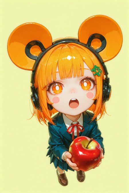 masterpiece,best quality,1girl, solo, looking at viewer, open mouth, skirt, blonde hair, simple background, shirt, hair ornament, long sleeves, ribbon, holding, animal ears, school uniform, jacket, full body, pleated skirt, food, shoes, teeth, hairclip, blunt bangs, chibi, orange hair, :o, red ribbon, blue skirt, orange eyes, neck ribbon, fruit, fake animal ears, headphones, upper teeth only, from above, brown footwear, blush stickers, holding food, looking up, yellow background, bright pupils, white pupils, mouse ears, apple, holding fruit,<lora:g0th:0.7>,g0th,color theme,horror \(theme\),<lora:ssasty:0.3>,ssasty,
