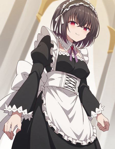 score_9, score_8_up, score_7_up, source_anime, <lora:shary-shadow-assassin-s1-ponyxl-lora-nochekaiser:1>, shary shadow assassin, short hair, black hair, red eyes, bangs, crossed bangs, medium breasts,, dress, apron, maid, maid headdress, frills, detached collar, long sleeves,, tower, tall, height, view, structure, , smug, looking at viewer, solo,, dutch angle, cowboy shot
