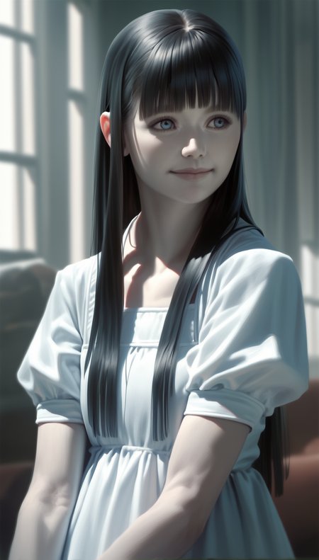 score_9,score_8_up,score_7_up,
<lora:Leanne:0.9>,
leanne,
highres,photorealism,
1girl,solo,pale skin,black hair,long hair,blunt bangs,blue eyes,looking ahead,facing aside,smile,long white dress,portrait,simple background,indoors,bloom,