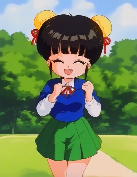 score_9, score_8_up, score_7_up, source_anime, rating_explicit, BREAK  <lora:Byouinji_Yunna_Anime_XL:1> ByouinjiYunna, short hair, bangs, black hair, brown eyes, short stack, solo, small breasts, 
1girl, solo, skirt, double bun, hair bun, fangs, closed eyes, blue school uniform, smile, bun cover, green skirt,
outdoor. day, sky,