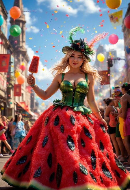 Ultra-detailed digital artwork, photorealistic style. A cheerful young woman wearing a whimsical watermelon costume: a glossy green corset with black stripes, a voluminous skirt shaped like a sliced watermelon (vivid red with shimmering black 'seeds' made of sequins). She dances joyfully at a sunlit summer parade, her hair flowing in motion, skirt swirling dynamically. Around her: a festive crowd in colorful costumes, confetti explosions, floating balloons, and banners decorating a vibrant city street. Background: blue sky, historic buildings adorned with flags. Style: Hyper-realistic textures (glistening watermelon rind, fabric folds on the corset), dramatic contrast between light and shadow, saturated colors. Magic elements: Soft glow around the sequin seeds, feathered hat resembling watermelon leaves, holding a glittering popsicle shaped like a watermelon slice. Atmosphere: Pure joy and celebration, golden-hour lighting with sun flares, intricate details (individual sequins, strands of hair, confetti reflections). Technical specs: 8K resolution, cinematic depth of field, Unreal Engine 5 rendering
