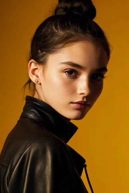 1girl,spotlight,silhouette,looking at viewer,cowboy shot,hair bun,gallus,simple background,yellow background,dark theme,<lora:spotlight:0.6>,