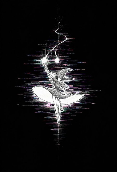 masterpiece, very aesthetic, absurdres, newest, source_anime, glitch, flickering, digital, glitch style, 
1girl, witch girl, falling, wind, dress, mouth open, arm extended, holding magic staff, witch hat