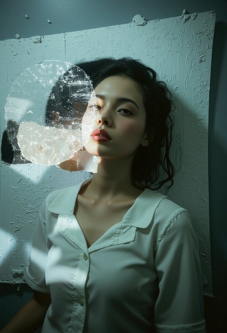 Dreamlike scene involving a woman in a state of contemplation. It combines elements of reality and lost memories. dynamic_pos3