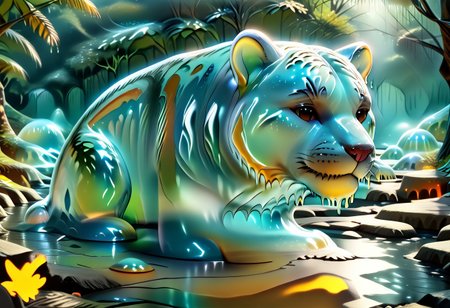 animal_guardian, tiger, a white tiger with black stripes, Tiger made out of slime, slime tiger in a jungle, jungle made out of slime, 
natural light, no bright spots, 
((translucent slime)), ((transparent slime)), made of water, (bioluminescent slime), sl1m3, slime, slime-morph, ais-blmn, saturated colors, no creatures, no humans, no monsters, no pokemon, scenery only, scenery, ral-lava, watce